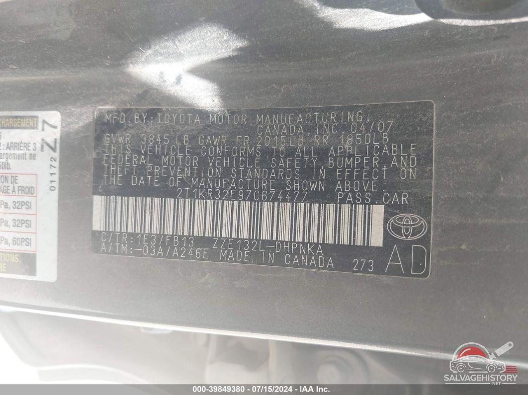 2T1KR32E97C674477 2007 TOYOTA MATRIX photo no. 9