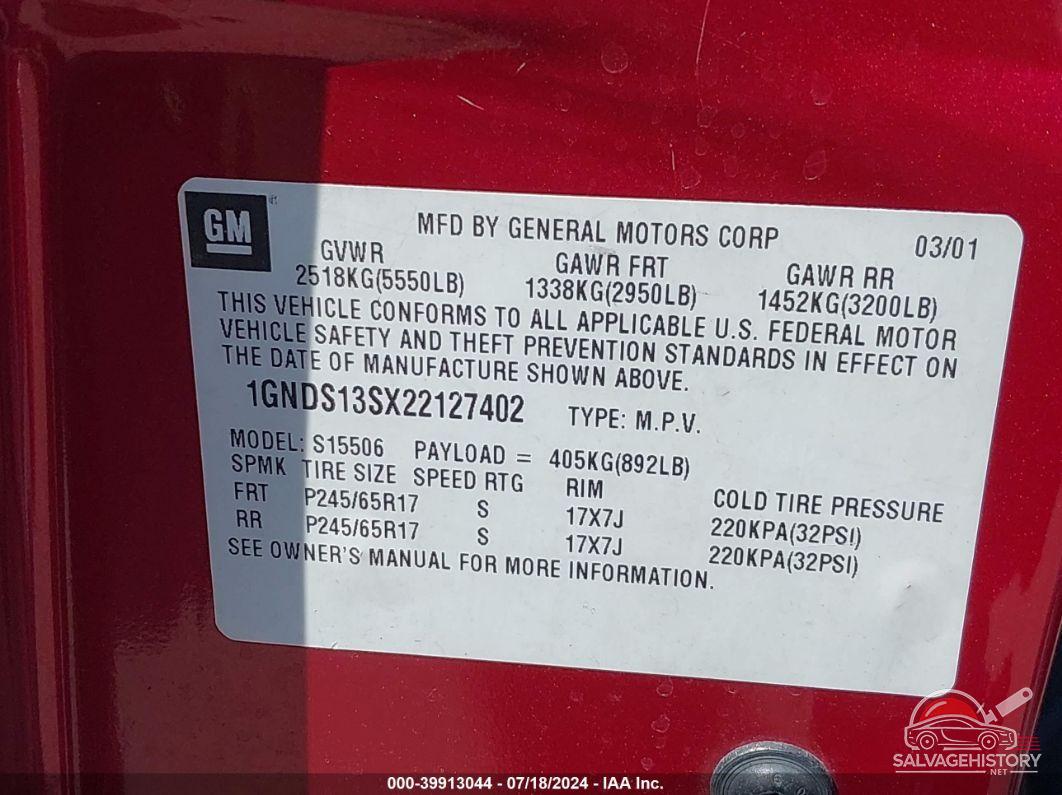 1GNDS13SX22127402 2002 CHEVROLET TRAILBLAZER photo no. 9