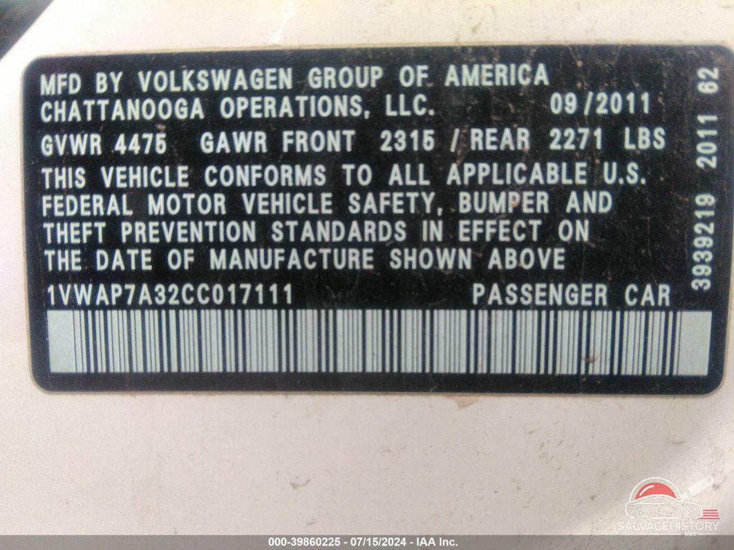 1VWAP7A32CC017111 2012 VOLKSWAGEN PASSAT photo no. 9