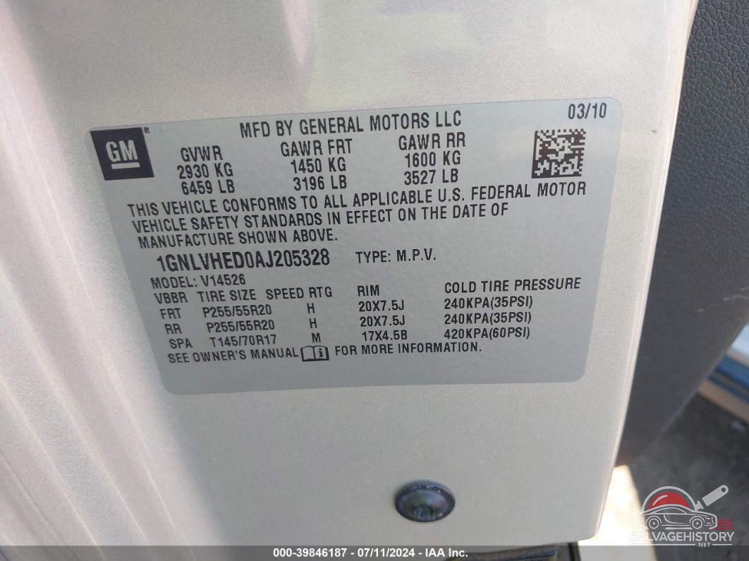 1GNLVHED0AJ205328 2010 CHEVROLET TRAVERSE photo no. 9