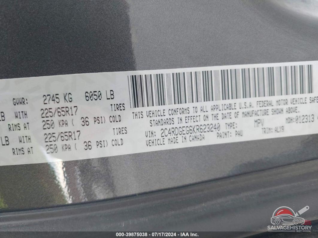 2C4RDGEG6KR623240 2019 DODGE GRAND CARAVAN photo no. 9