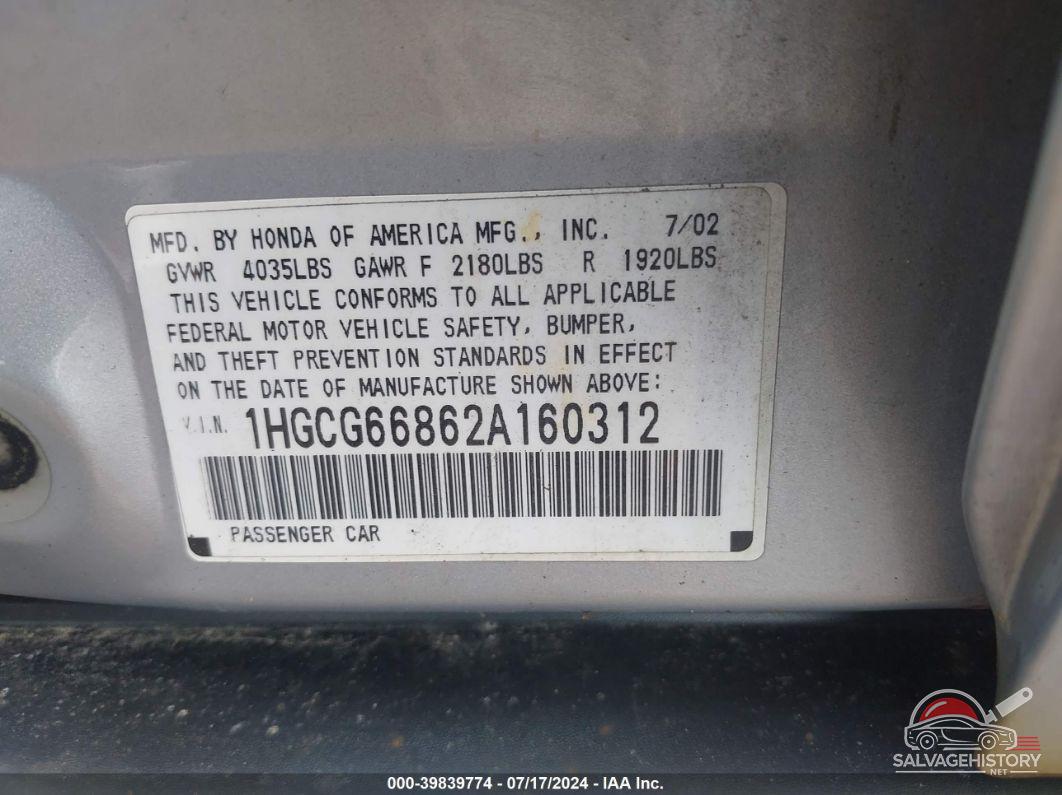1HGCG66862A160312 2002 HONDA ACCORD photo no. 9