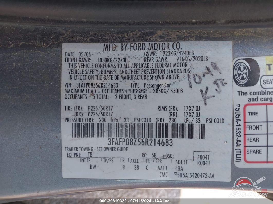 3FAFP08Z56R214683 2006 FORD FUSION photo no. 9