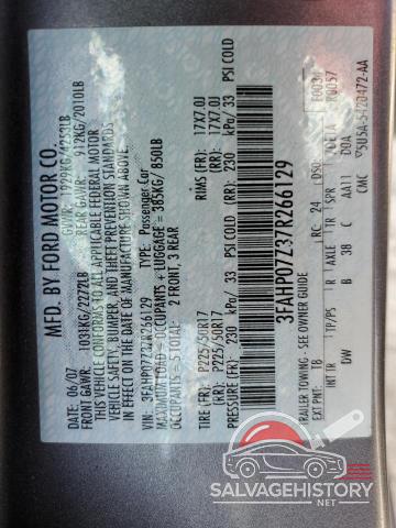 3FAHP07Z37R266129 2007 FORD FUSION photo no. 12