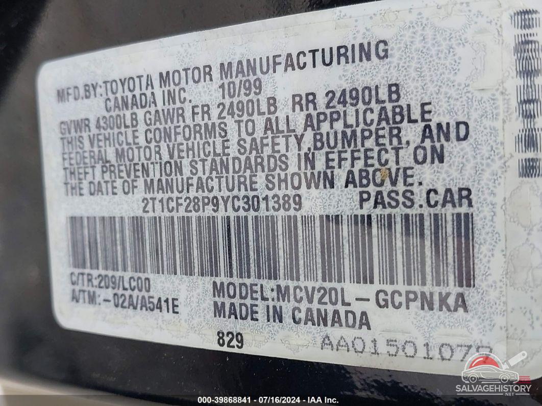 2T1CF28P9YC301389 2000 TOYOTA CAMRY SOLARA photo no. 9
