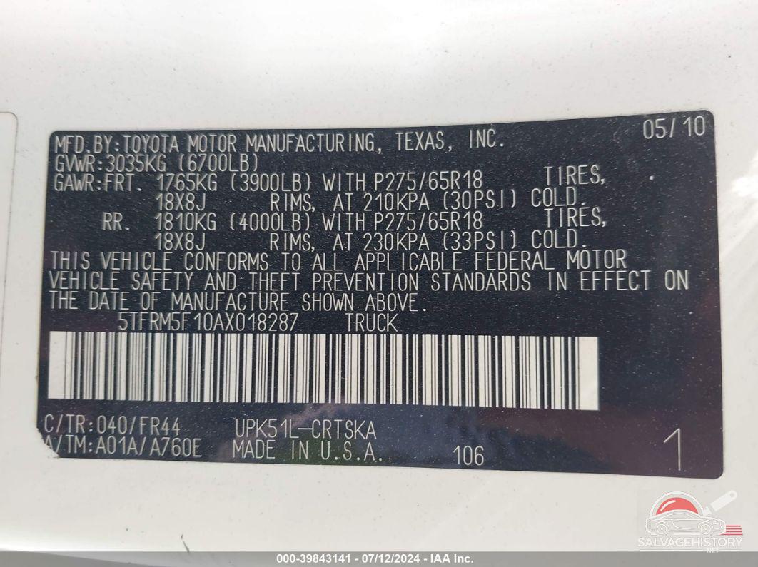 5TFRM5F10AX018287 2010 TOYOTA TUNDRA photo no. 9