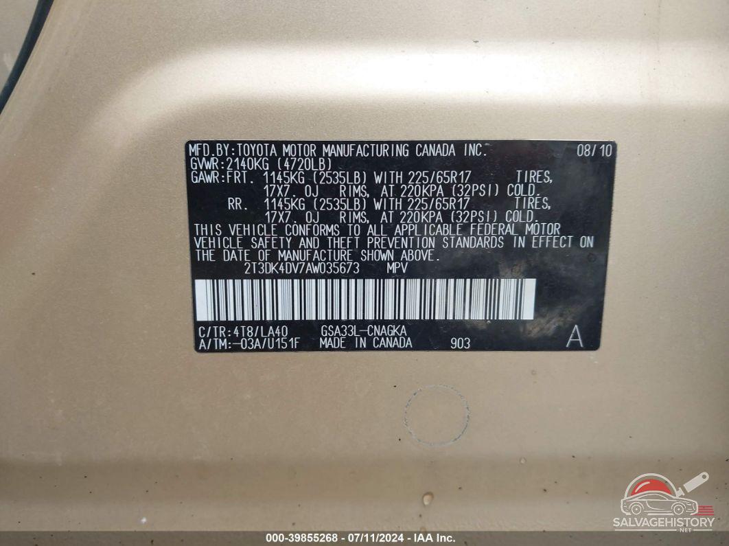 2T3DK4DV7AW035673 2010 TOYOTA RAV4 photo no. 9