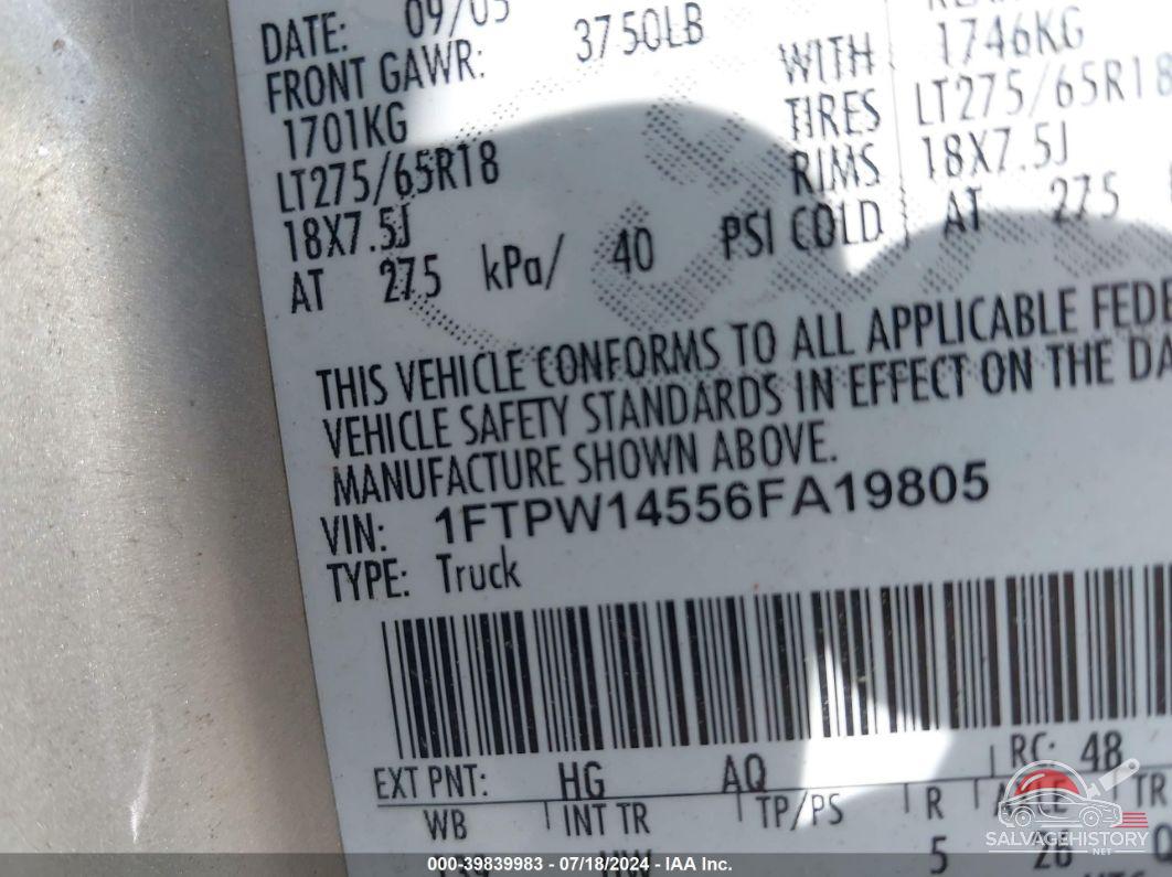 1FTPW14556FA19805 2006 FORD F150 photo no. 9