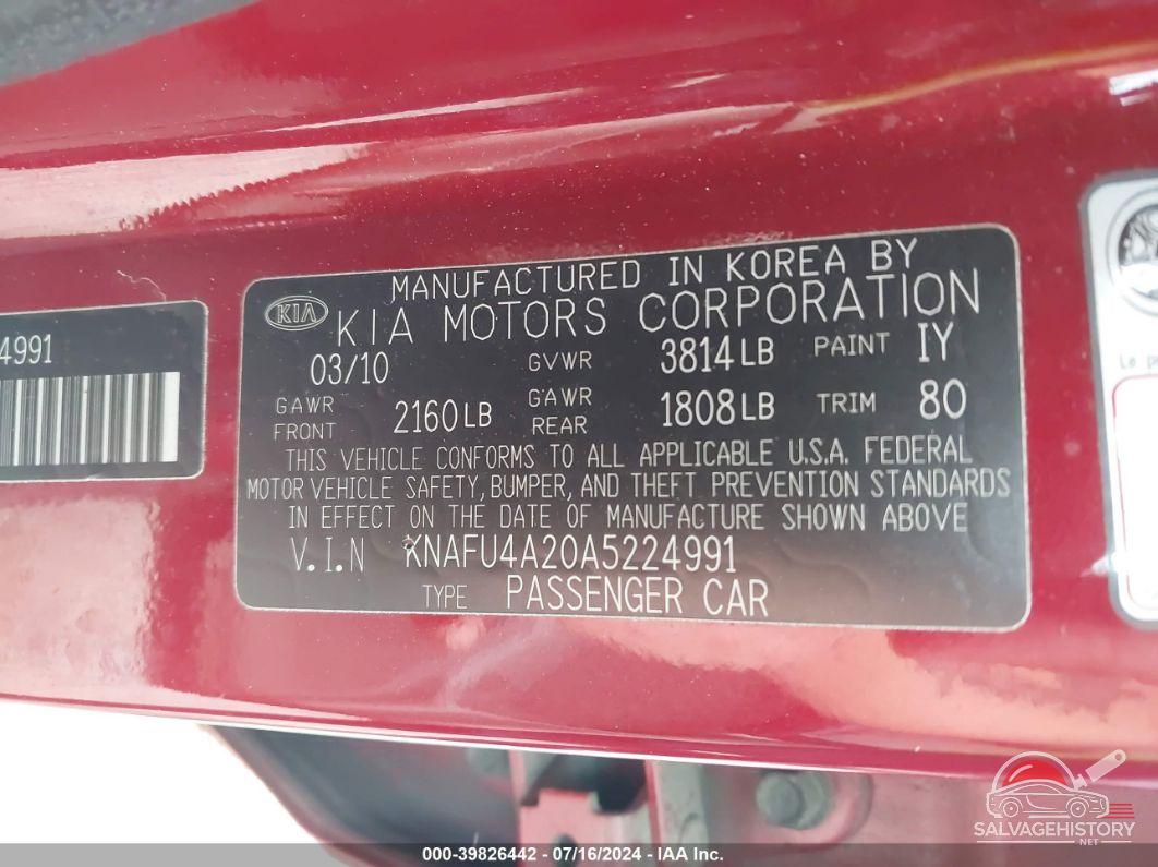KNAFU4A20A5224991 2010 KIA FORTE photo no. 9