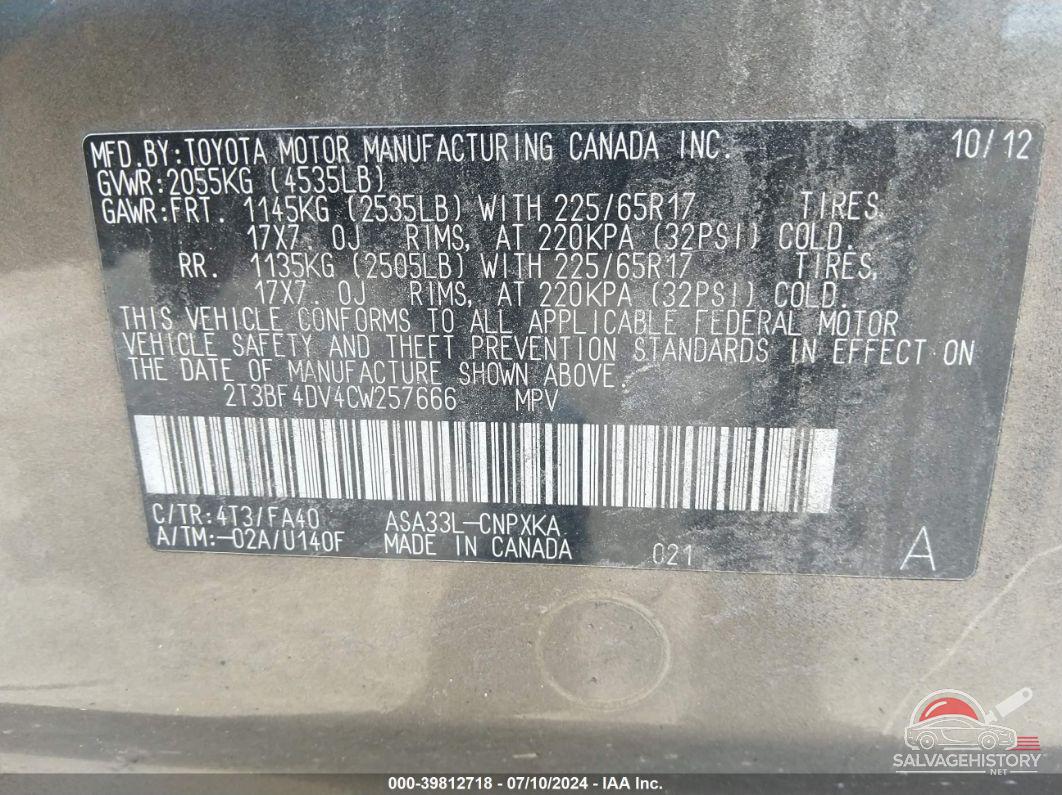2T3BF4DV4CW257666 2012 TOYOTA RAV4 photo no. 7