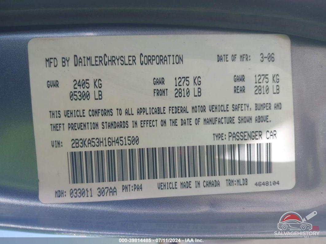 2B3KA53H16H451500 2006 DODGE CHARGER photo no. 9