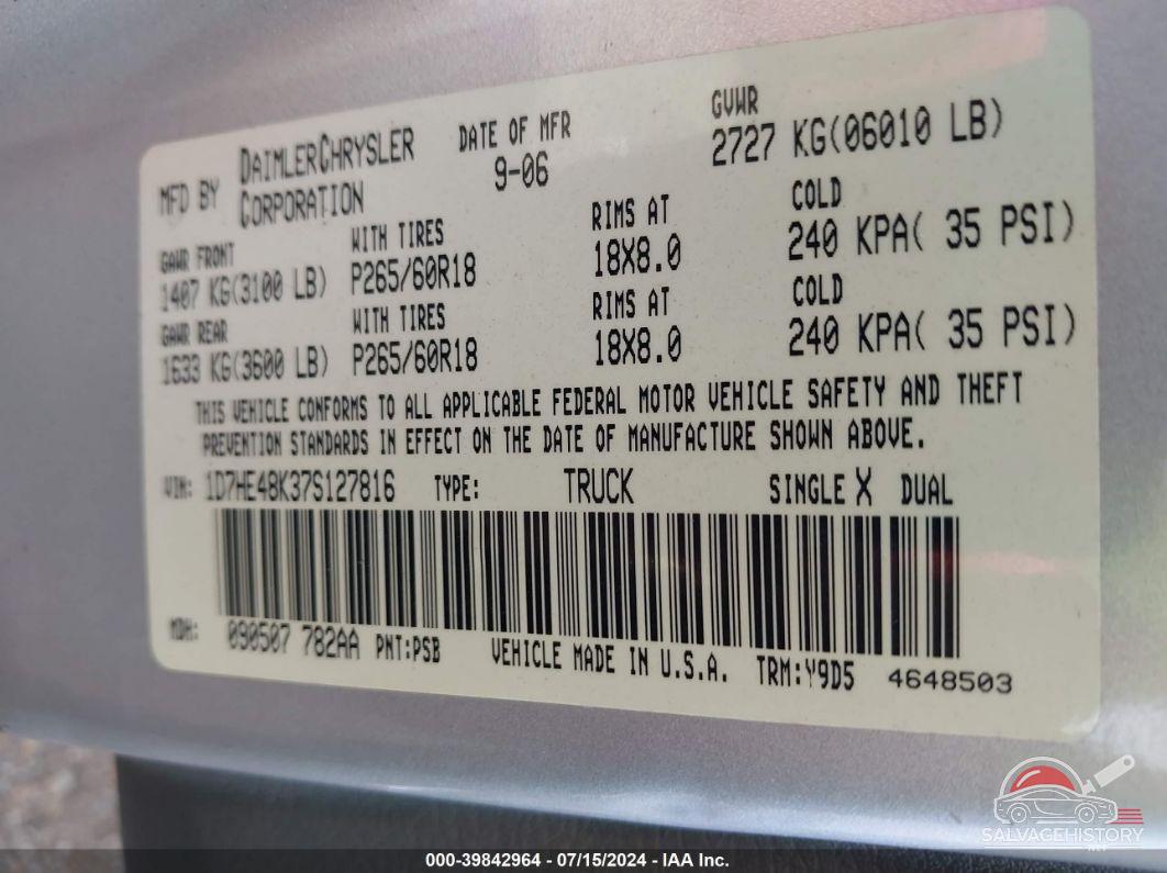1D7HE48K37S127816 2007 DODGE DAKOTA photo no. 9
