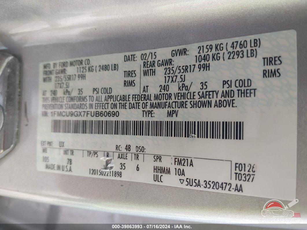 1FMCU9GX7FUB60690 2015 FORD ESCAPE photo no. 9
