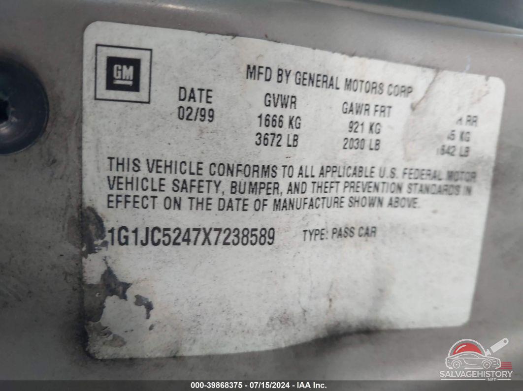 1G1JC5247X7238589 1999 CHEVROLET CAVALIER photo no. 9