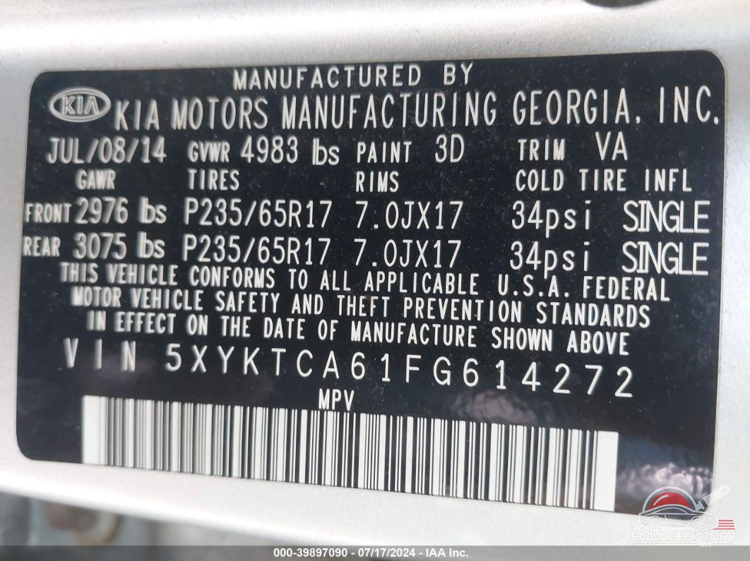 5XYKTCA61FG614272 2015 KIA SORENTO photo no. 9