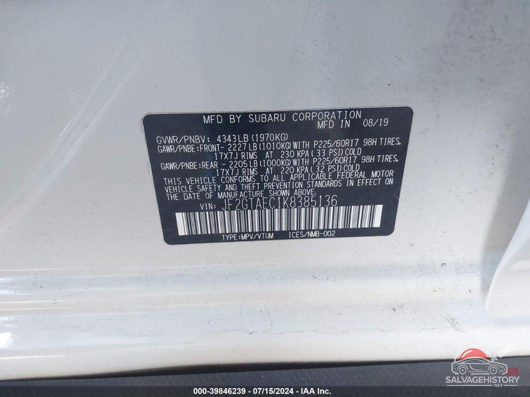 JF2GTAEC1K8385136 2019 SUBARU CROSSTREK photo no. 9