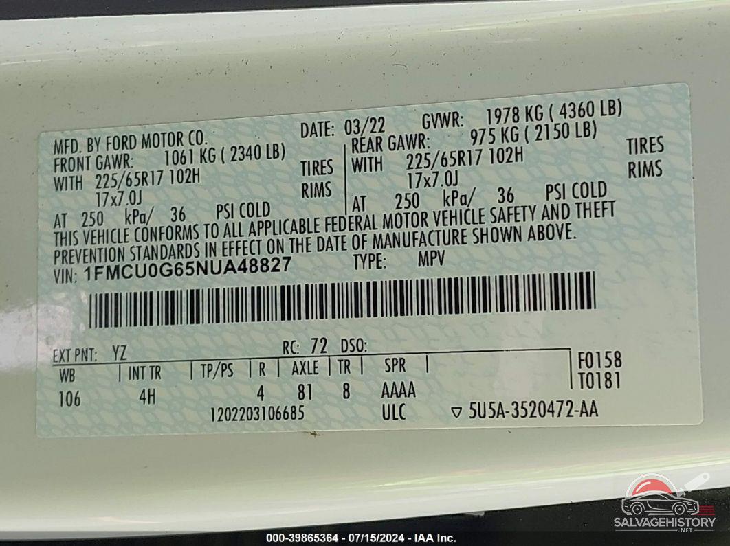 1FMCU0G65NUA48827 2022 FORD ESCAPE photo no. 9