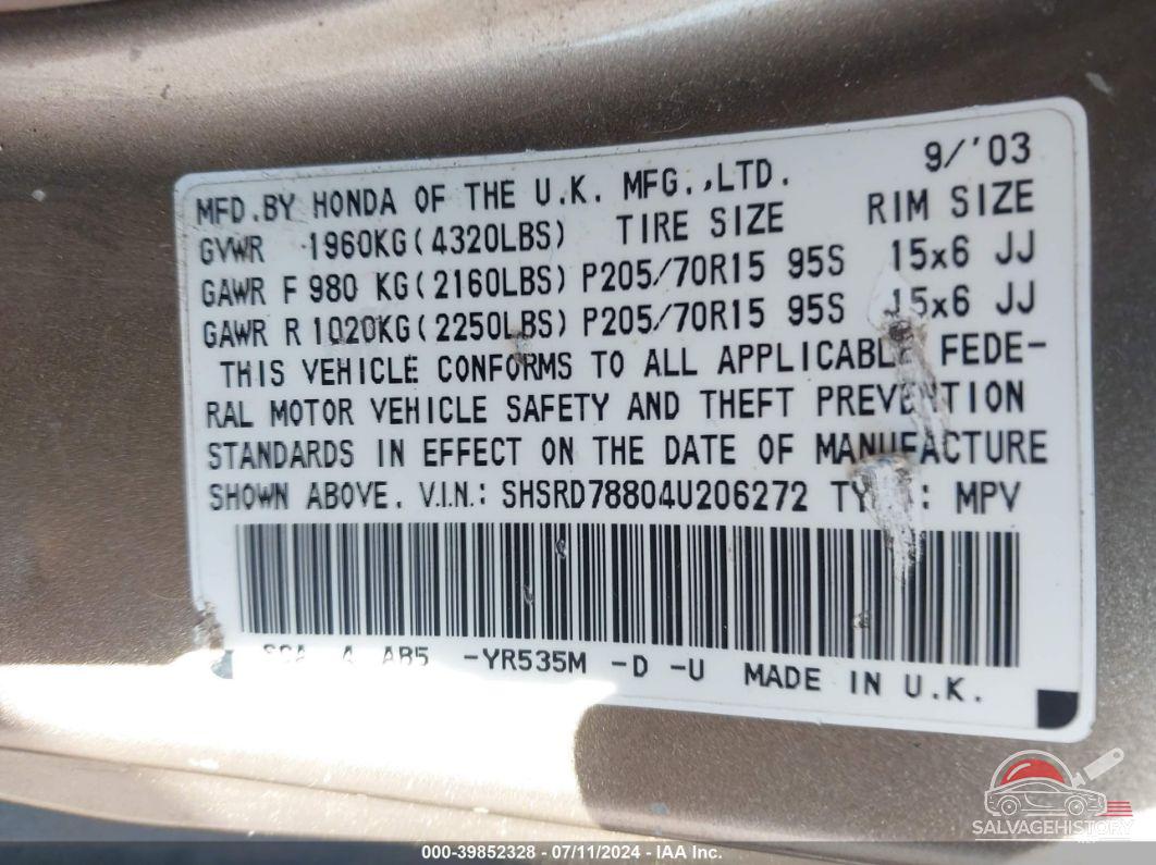 SHSRD78804U206272 2004 HONDA CR-V photo no. 9