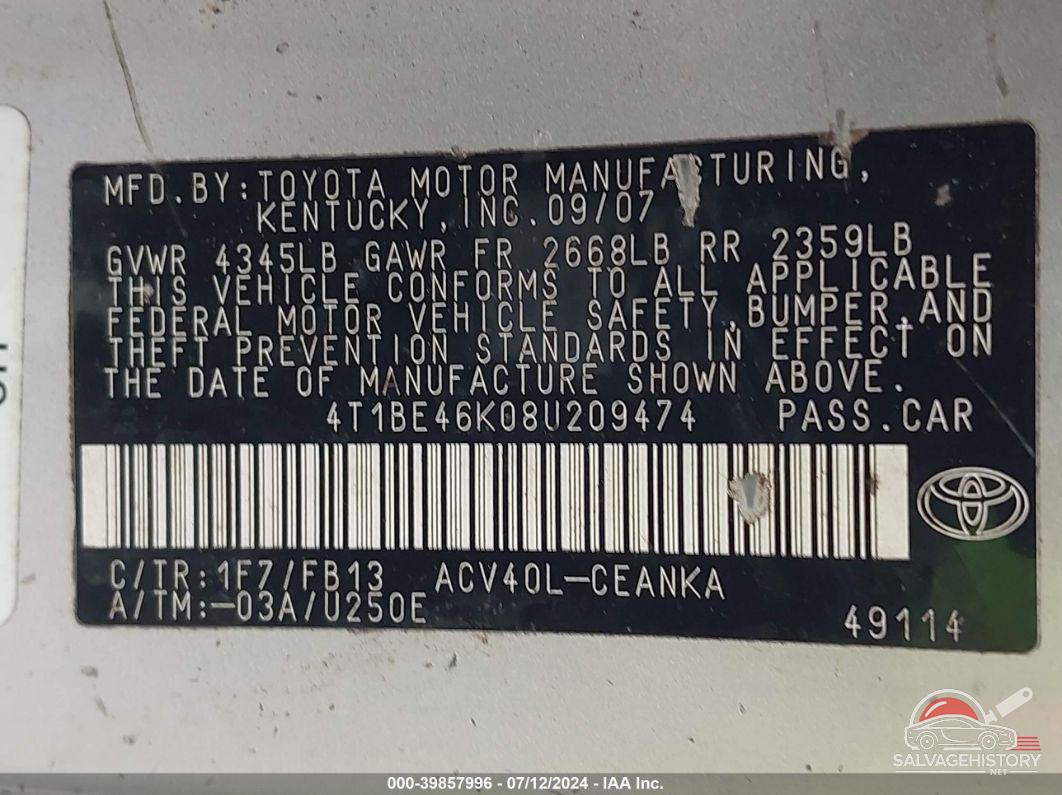 4T1BE46K08U209474 2008 TOYOTA CAMRY photo no. 9