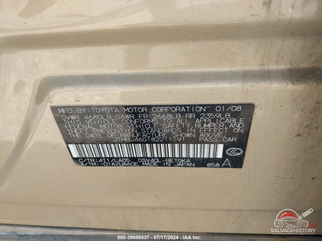 JTHBJ46G182211191 2008 LEXUS ES 350 photo no. 9