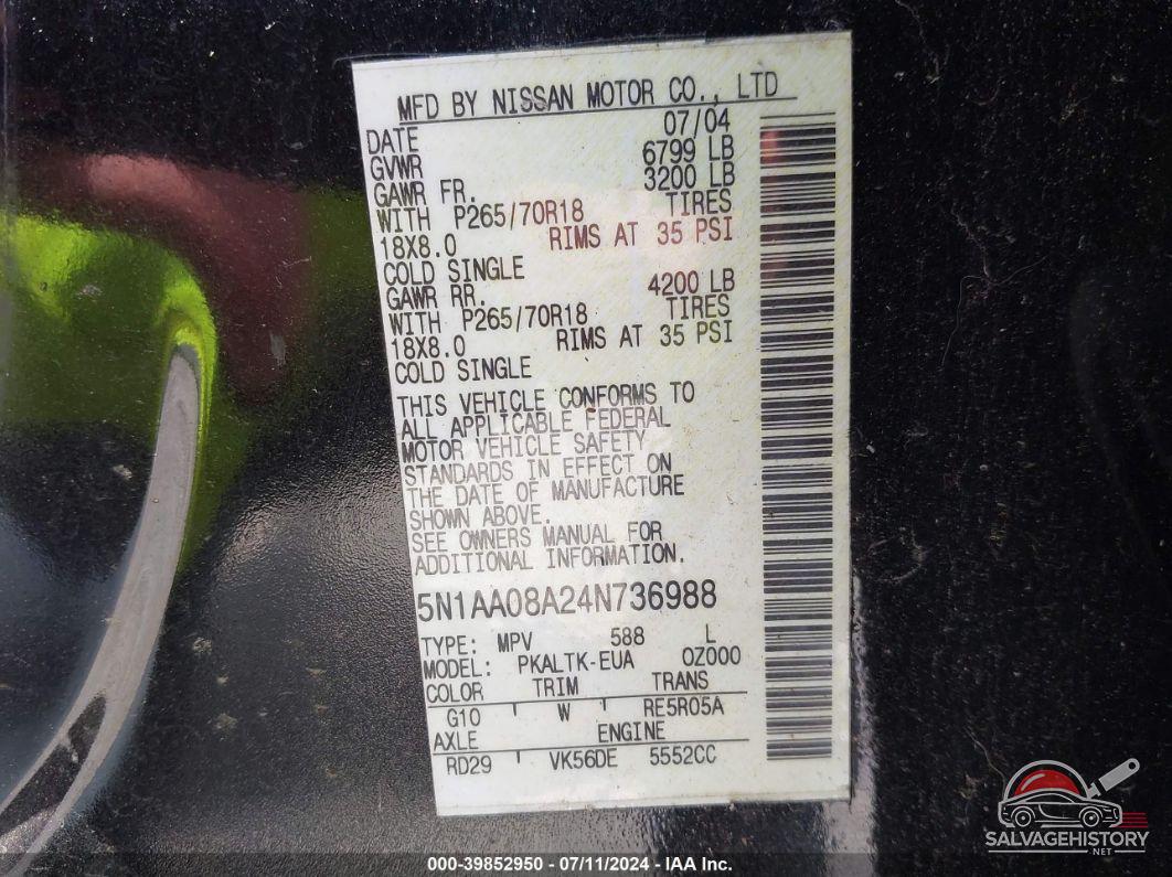 5N1AA08A24N736988 2004 NISSAN PATHFINDER ARMADA photo no. 9