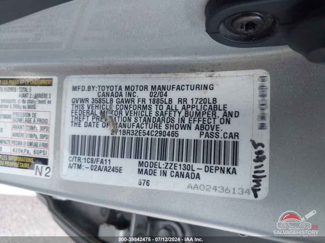 2T1BR32E54C290465 2004 TOYOTA COROLLA photo no. 9