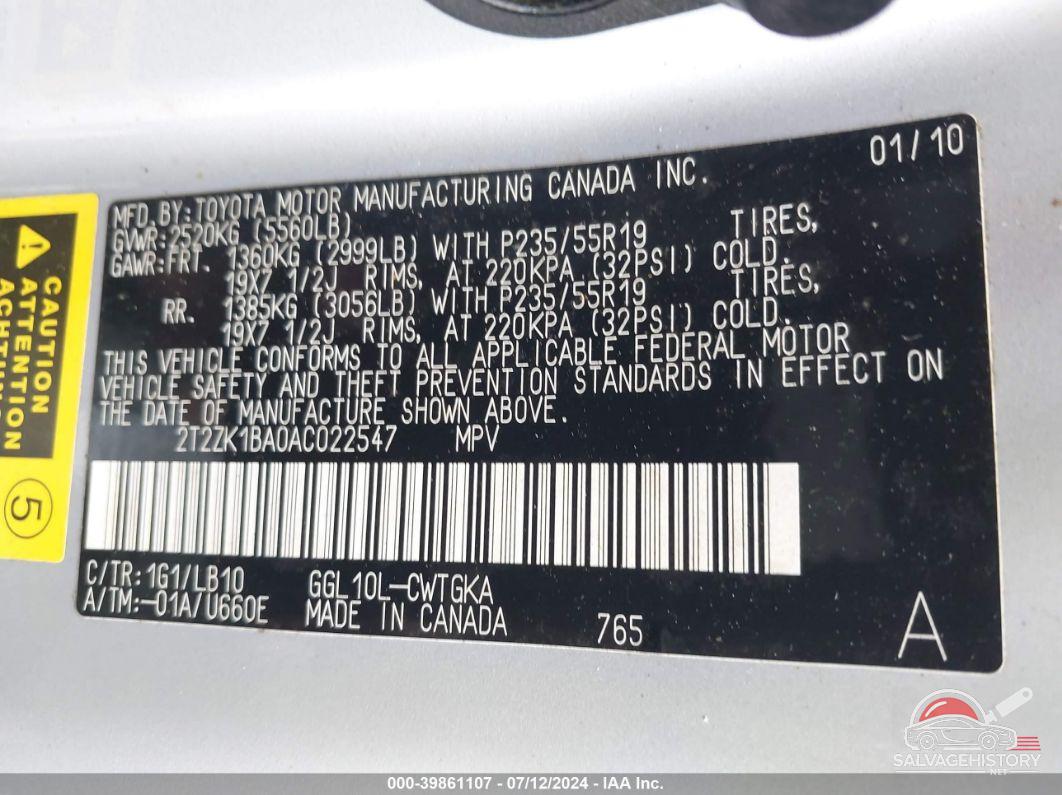 2T2ZK1BA0AC022547 2010 LEXUS RX 350 photo no. 9