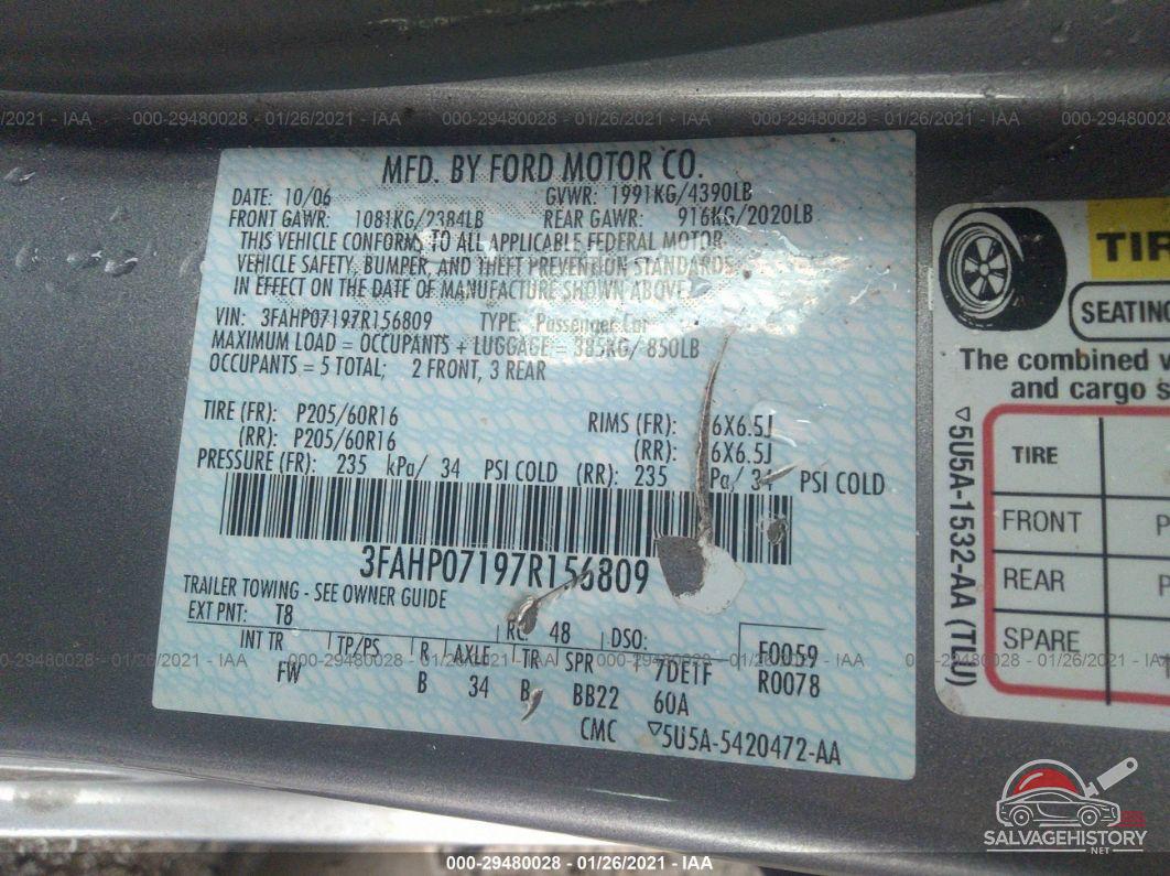 3FAHP07197R156809 2007 FORD FUSION photo no. 9