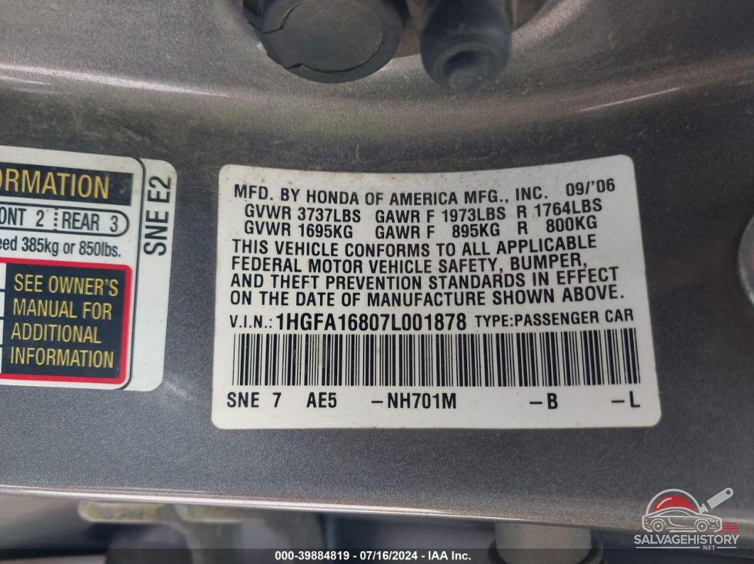 1HGFA16807L001878 2007 HONDA CIVIC photo no. 9