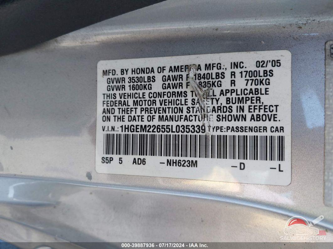 1HGEM22655L035339 2005 HONDA CIVIC photo no. 9