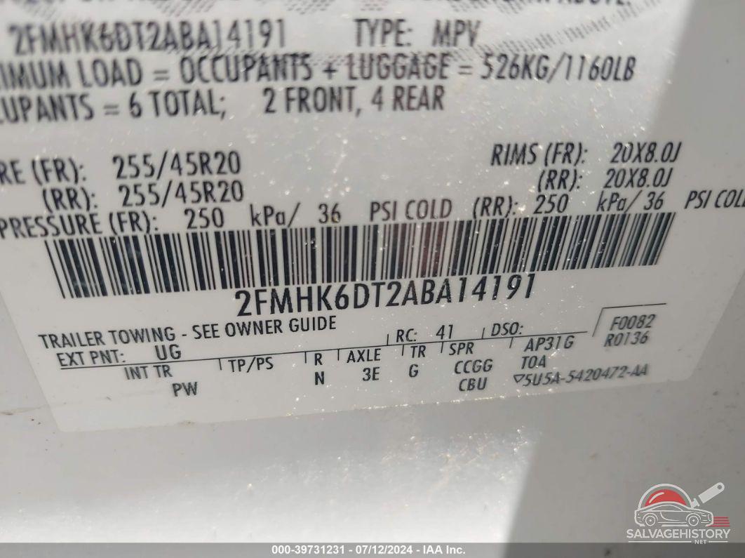 2FMHK6DT2ABA14191 2010 FORD FLEX photo no. 9