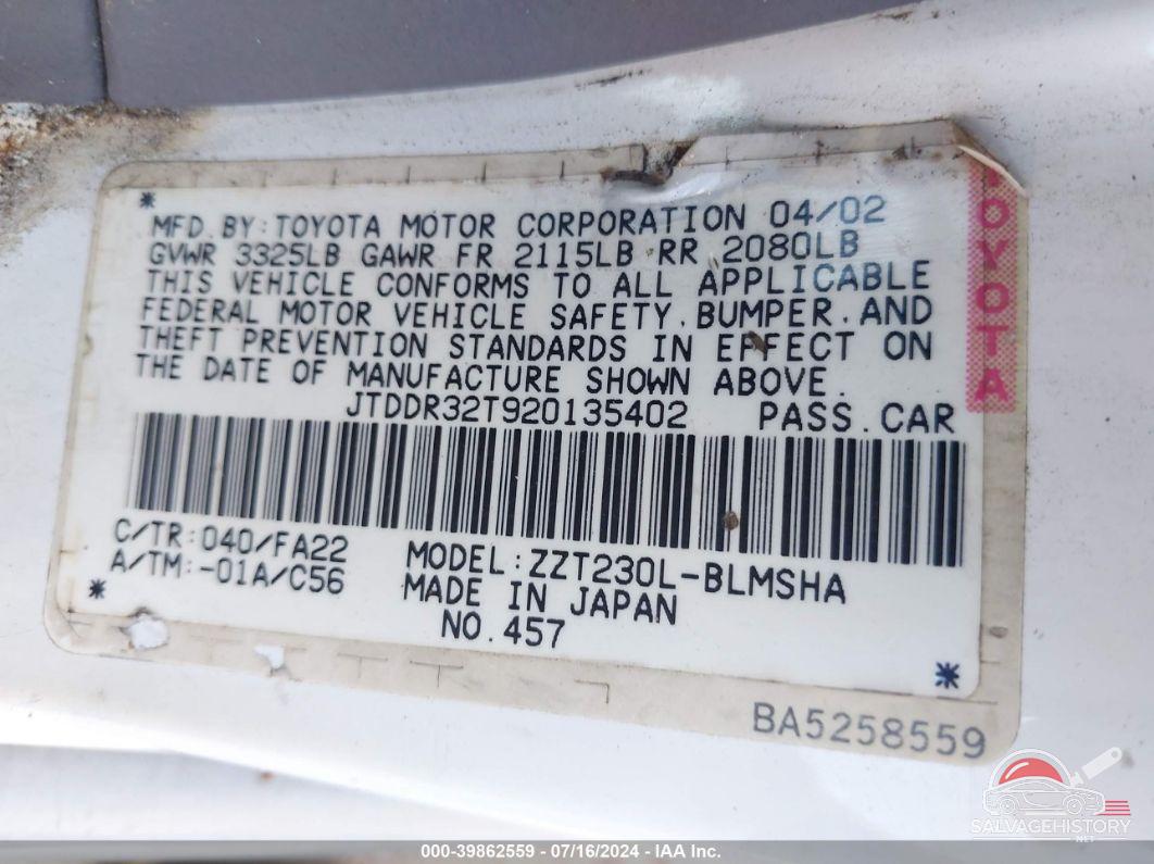 JTDDR32T920135402 2002 TOYOTA CELICA photo no. 9