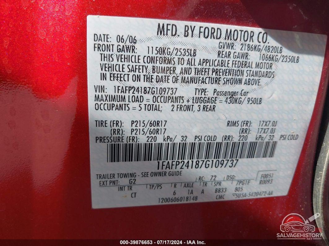 1FAFP24187G109737 2007 FORD FIVE HUNDRED photo no. 9