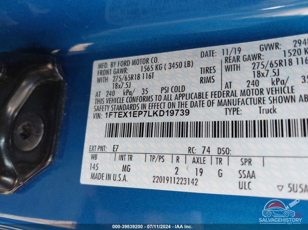 1FTEX1EP7LKD19739 2020 FORD F150 photo no. 9