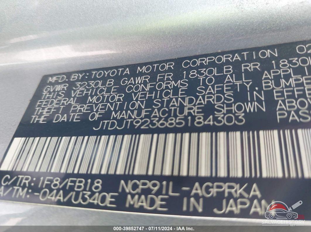 JTDJT923685184303 2008 TOYOTA YARIS photo no. 9