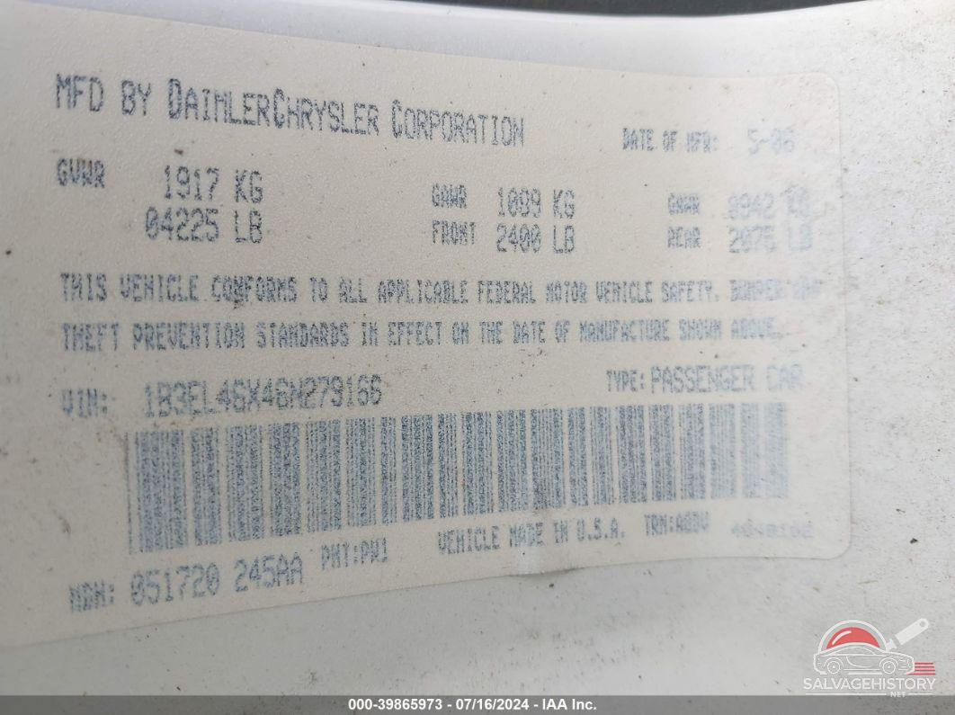 1B3EL46X46N279166 2006 DODGE STRATUS photo no. 9