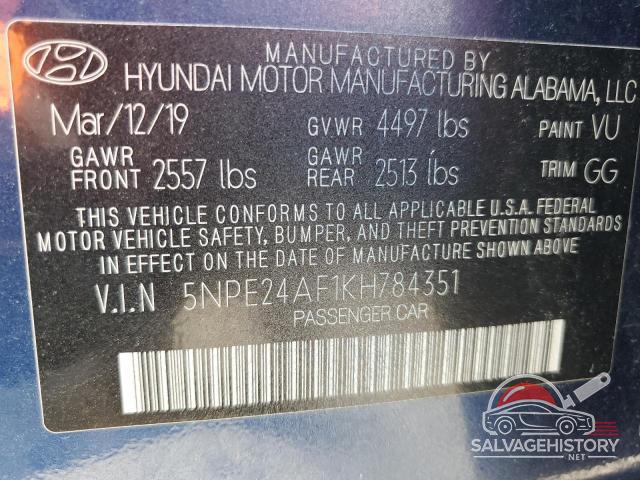 5NPE24AF1KH784351 2019 HYUNDAI SONATA photo no. 12