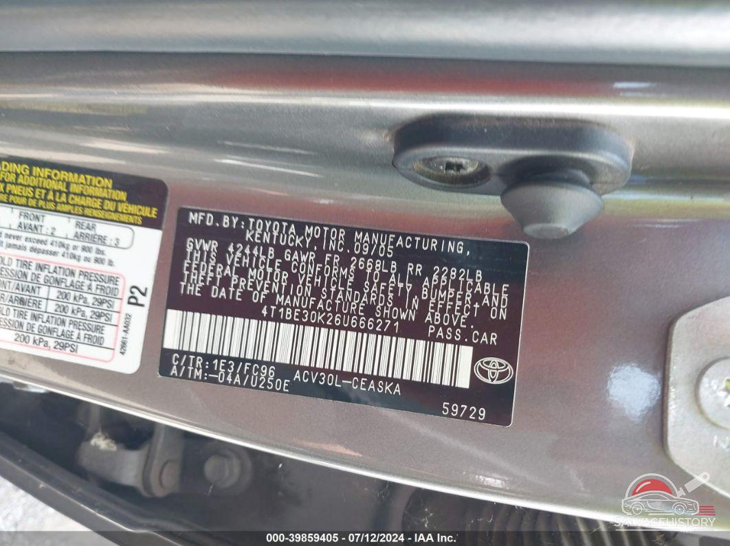 4T1BE30K26U666271 2006 TOYOTA CAMRY photo no. 9
