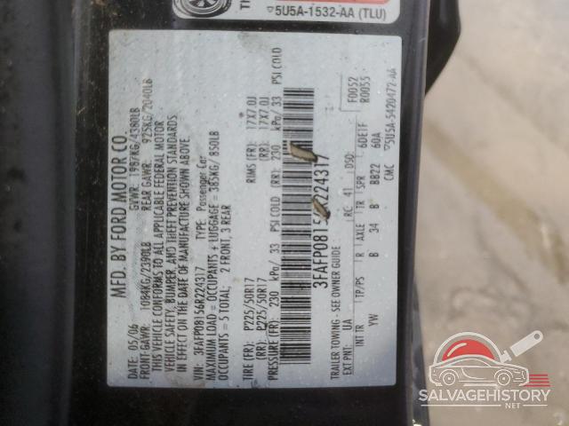 3FAFP08156R224317 2006 FORD FUSION photo no. 12