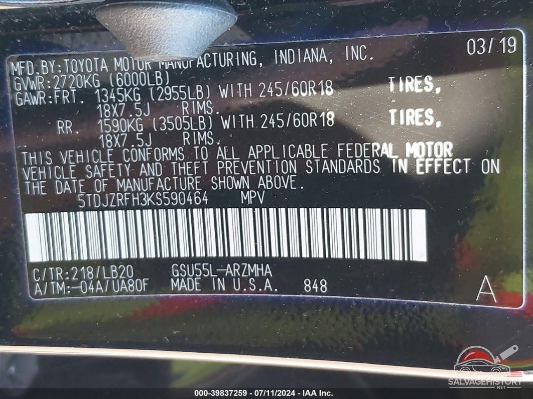 5TDJZRFH3KS590464 2019 TOYOTA HIGHLANDER photo no. 9