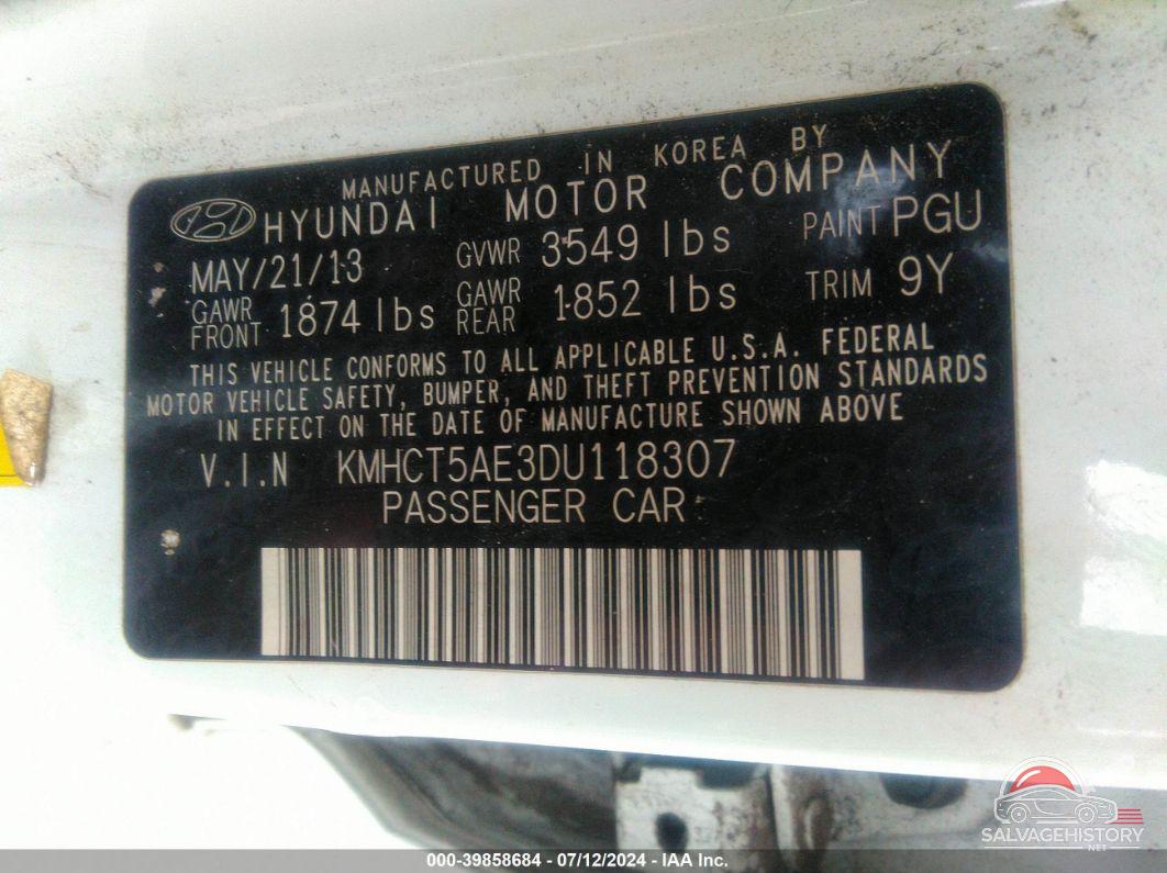 KMHCT5AE3DU118307 2013 HYUNDAI ACCENT photo no. 9