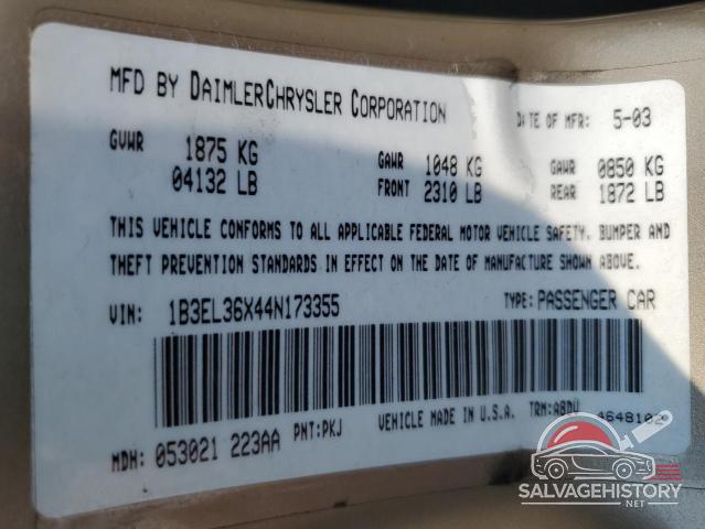 1B3EL36X44N173355 2004 DODGE STRATUS photo no. 13