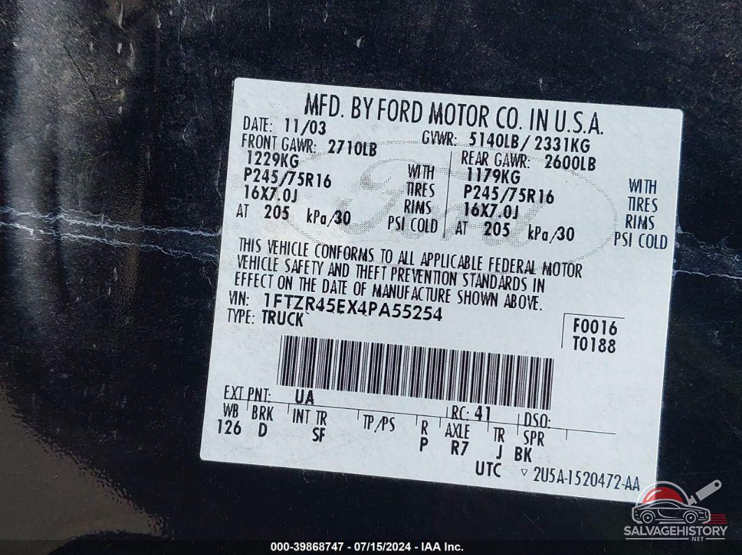 1FTZR45EX4PA55254 2004 FORD RANGER photo no. 9