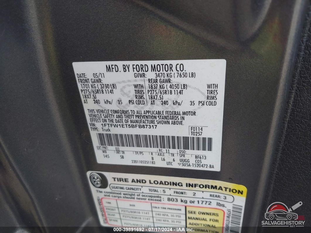 1FTFW1ET5BFB87317 2011 FORD F150 photo no. 9