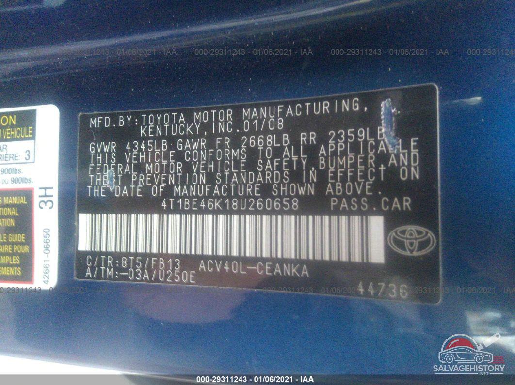 4T1BE46K18U260658 2008 TOYOTA CAMRY photo no. 9