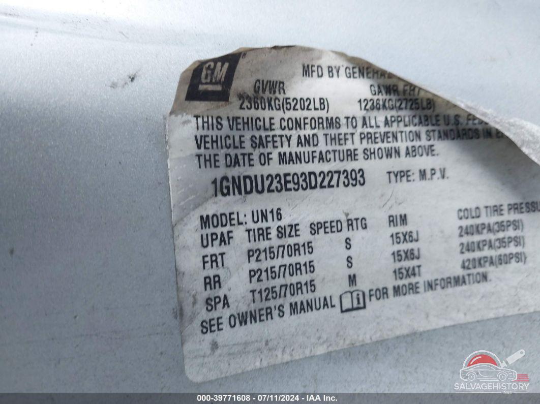 1GNDU23E93D227393 2003 CHEVROLET VENTURE photo no. 9