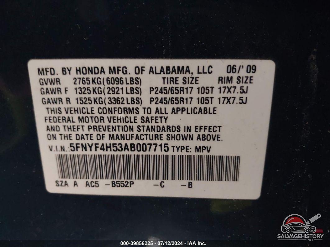 5FNYF4H53AB007715 2010 HONDA PILOT photo no. 9