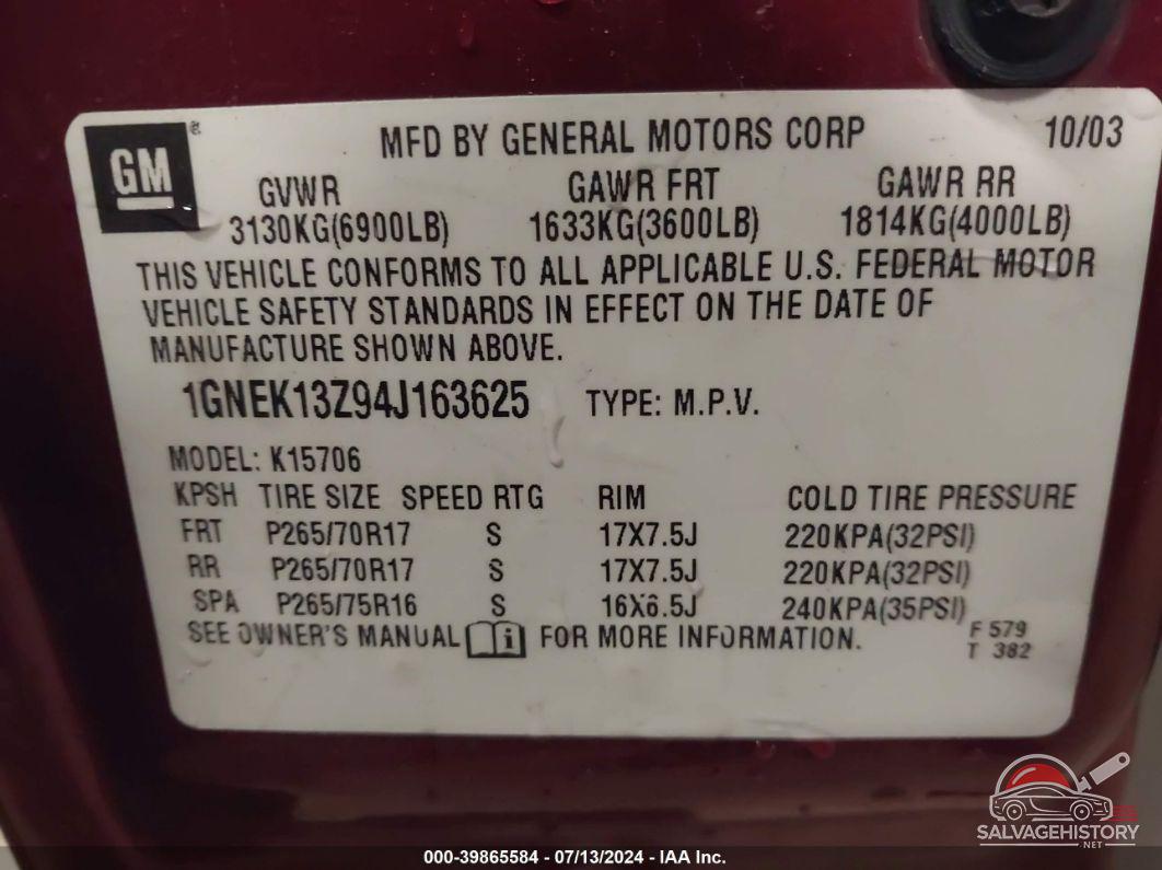 1GNEK13Z94J163625 2004 CHEVROLET TAHOE photo no. 9