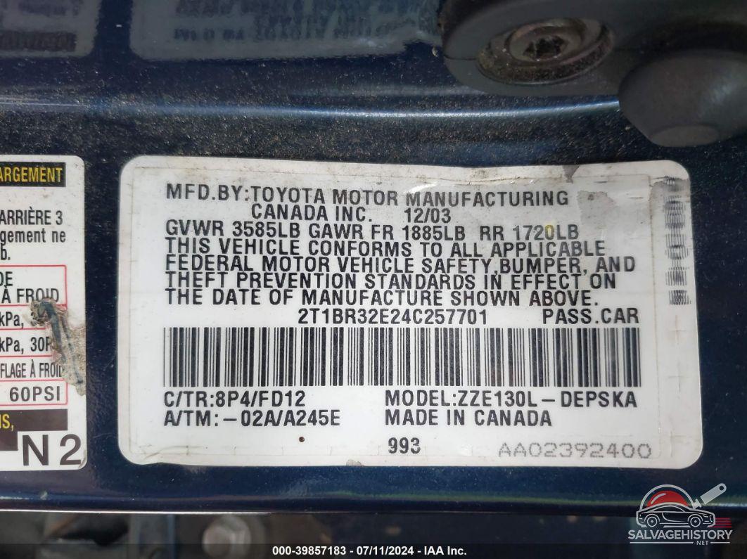 2T1BR32E24C257701 2004 TOYOTA COROLLA photo no. 9