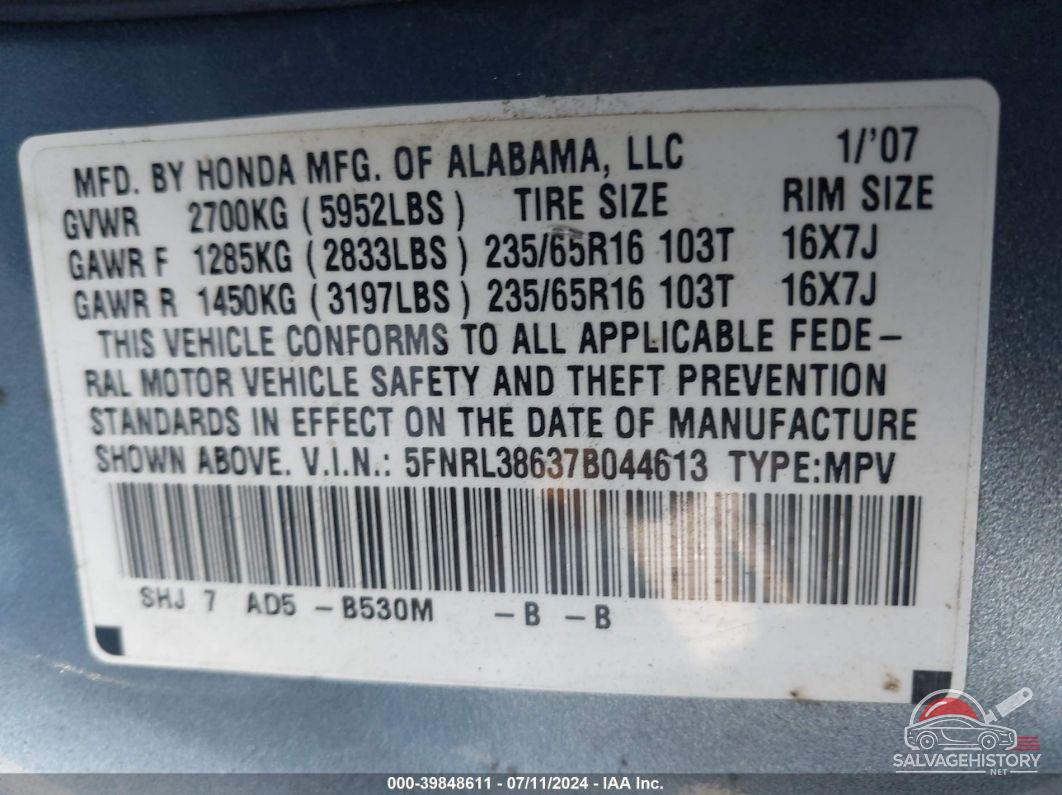 5FNRL38637B044613 2007 HONDA ODYSSEY photo no. 9